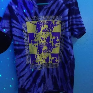 never used medium sponge bob purple tye dye shirt with yellow logo outline